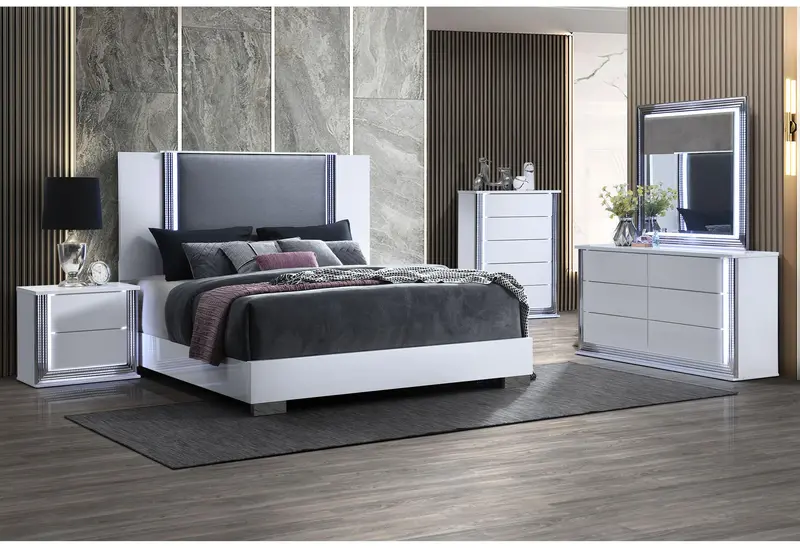 Ylime Smooth White King Bedroom Group with Vanity and Slatted Base