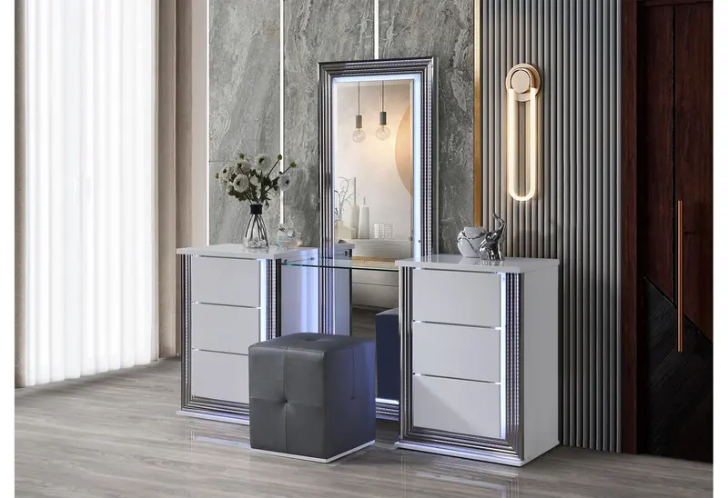 Ylime Smooth White Vanity Ensemble with Stool